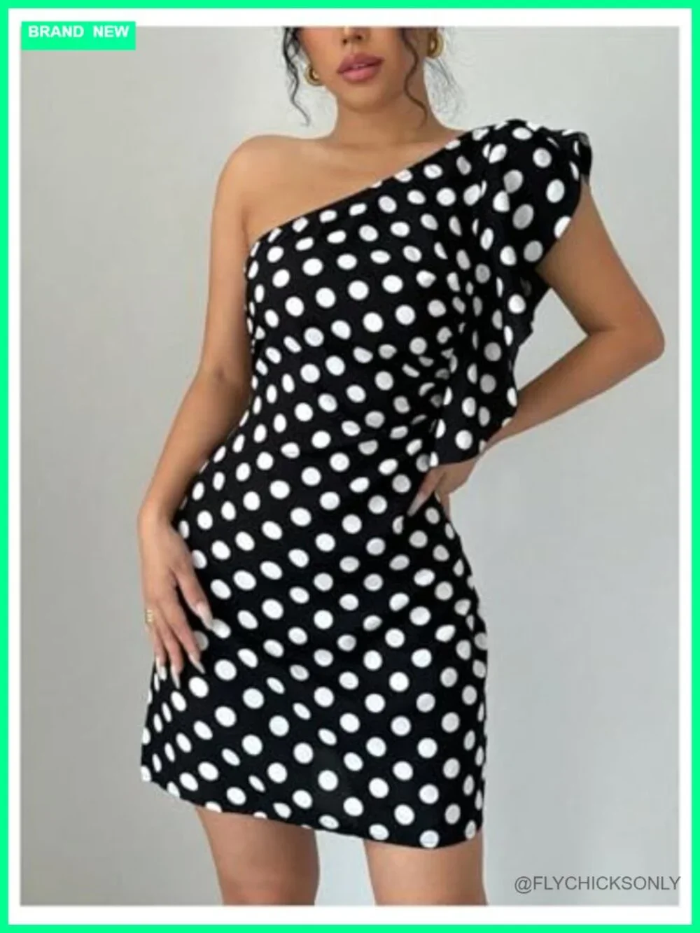 Women's Polka Dot Ruffle One Shoulder Bodycon Mini Dress
